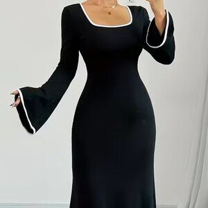 Elegant Black Maxi with White Trim – Chic, Classy, stretchy Evening dress